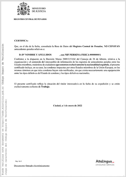 Ejemplo de Certificado de Antecedentes Penales Ejemplo de Certificado de Antecedentes Penales